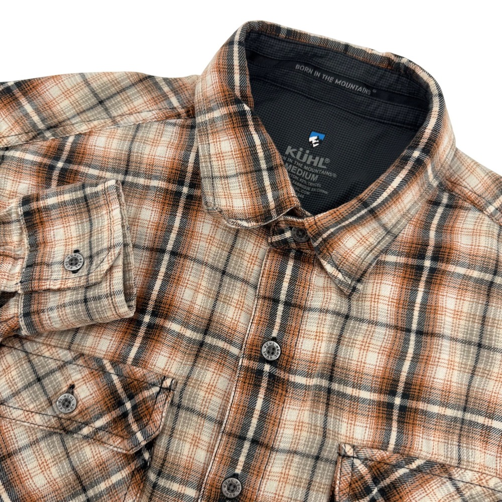 Kuhl Dillingr Plaid Flannel Shirt Mens Medium Brown Orange Cotton Tencel Blend